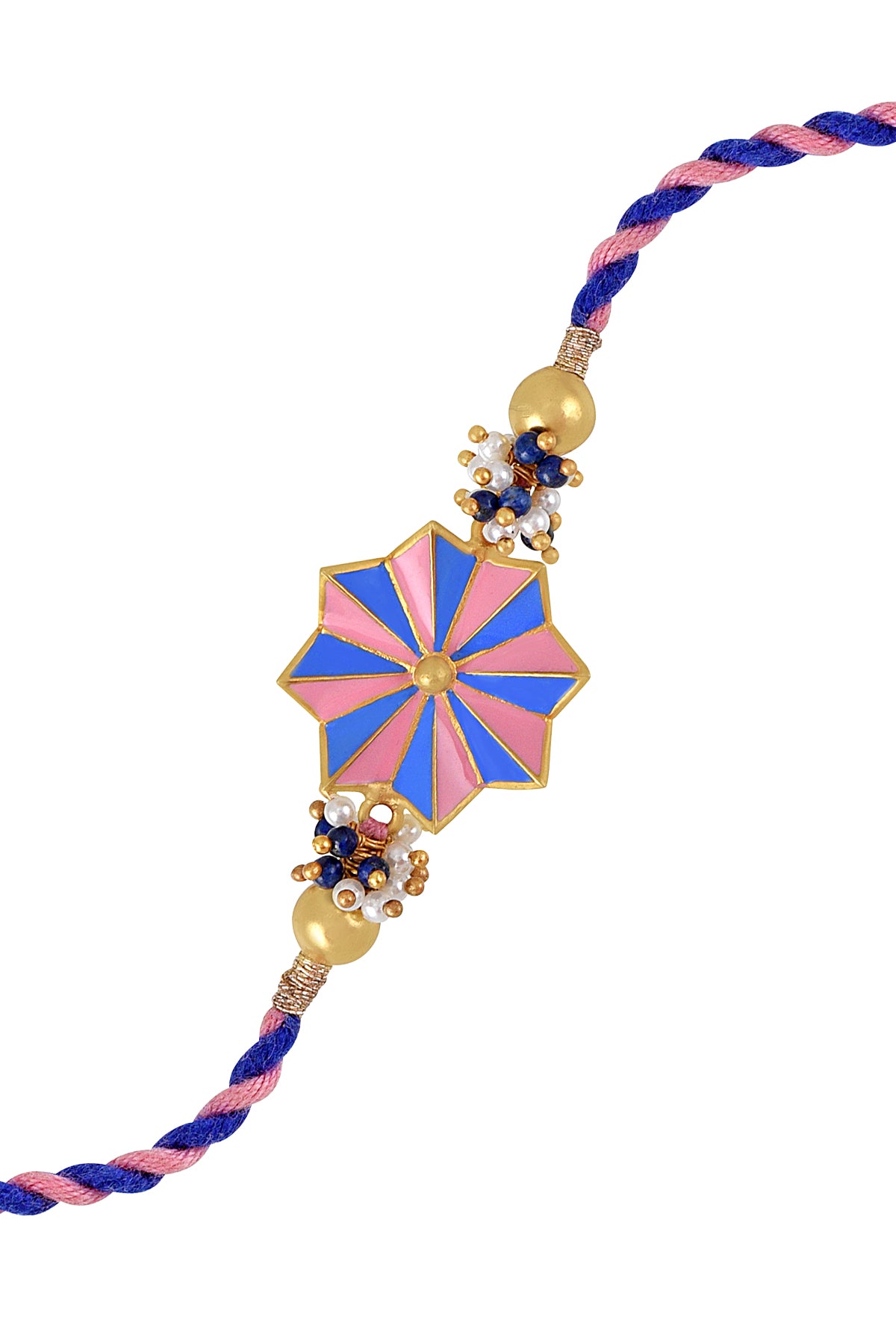 Decorative cord bracelet with gold, pink and blue colors on a white background and