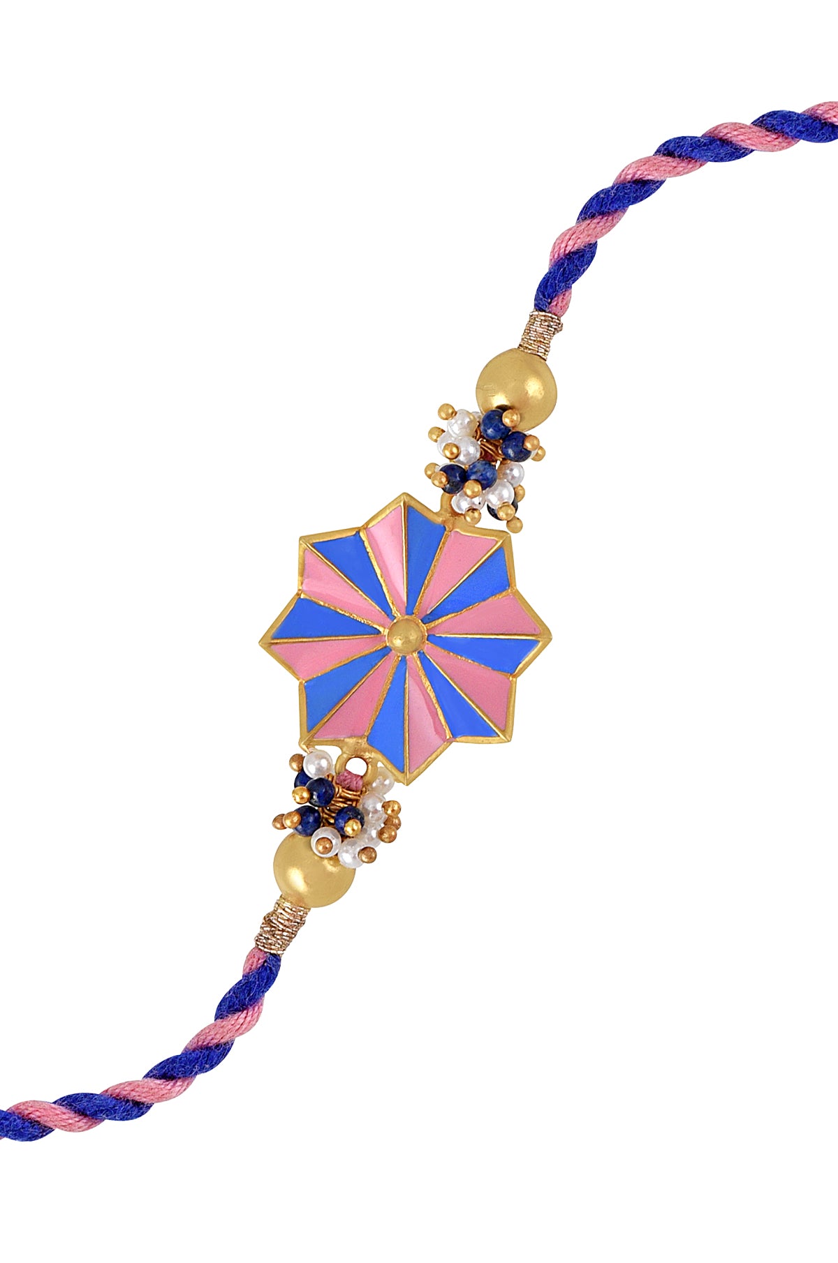 Decorative cord bracelet with gold, pink and blue colors on a white background and