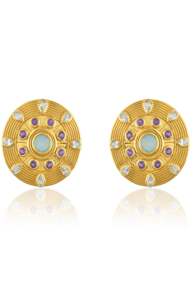 A pair of gold-colored amulet earrings featuring ridged design with amethyst, green amethyst, and aqua accents on a white background.