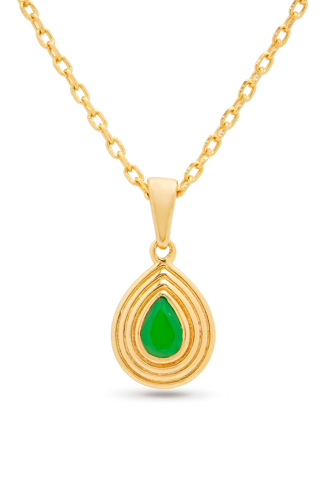 Gold teardrop pendant on a gold chain with a green onyx gemstone on a white background