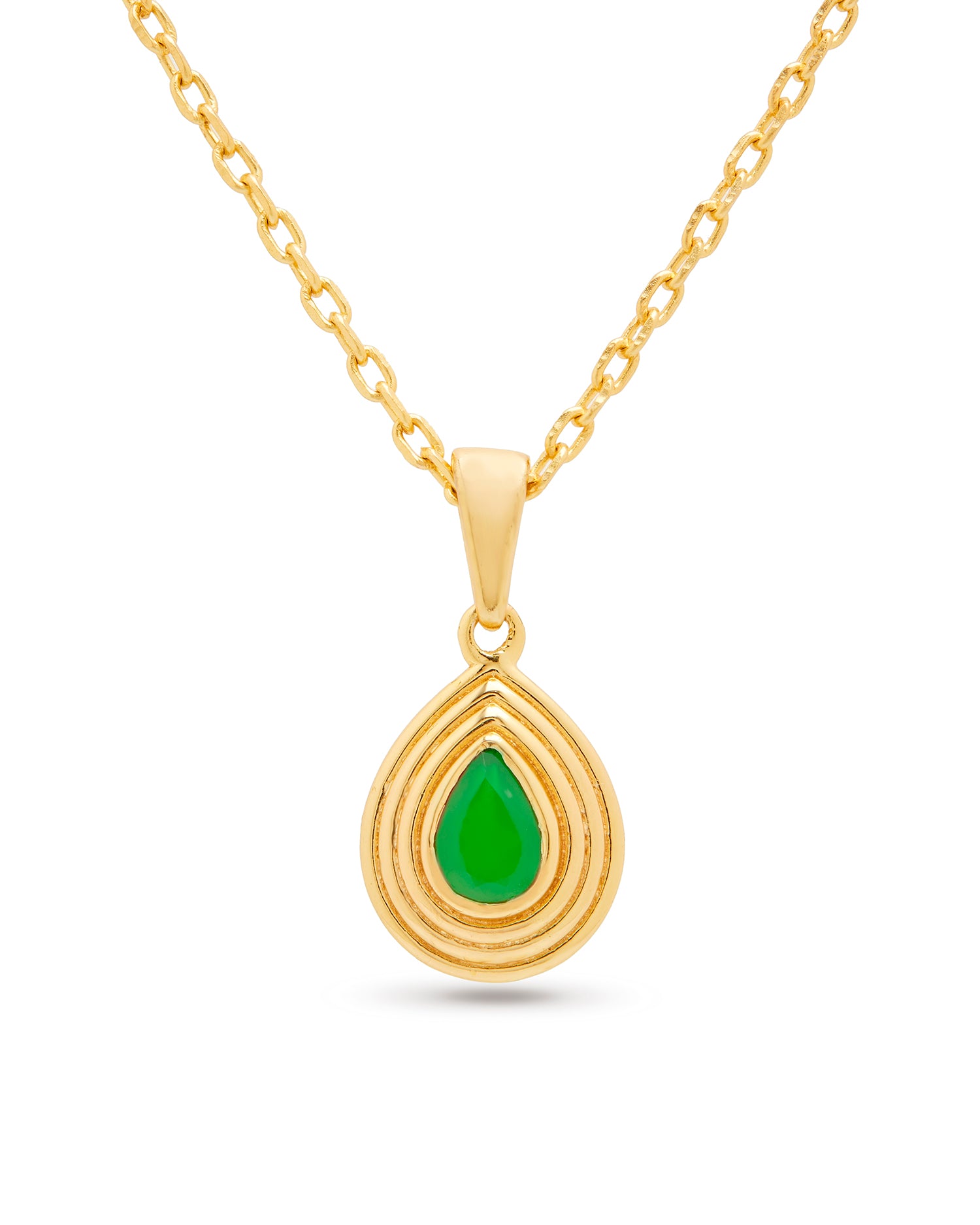 Gold teardrop pendant on a gold chain with a green onyx gemstone on a white background