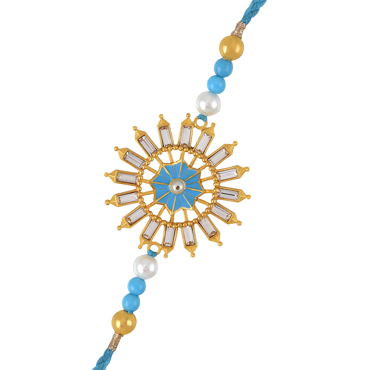 Blue cord bracelet featuring beads, pearls and diamonds