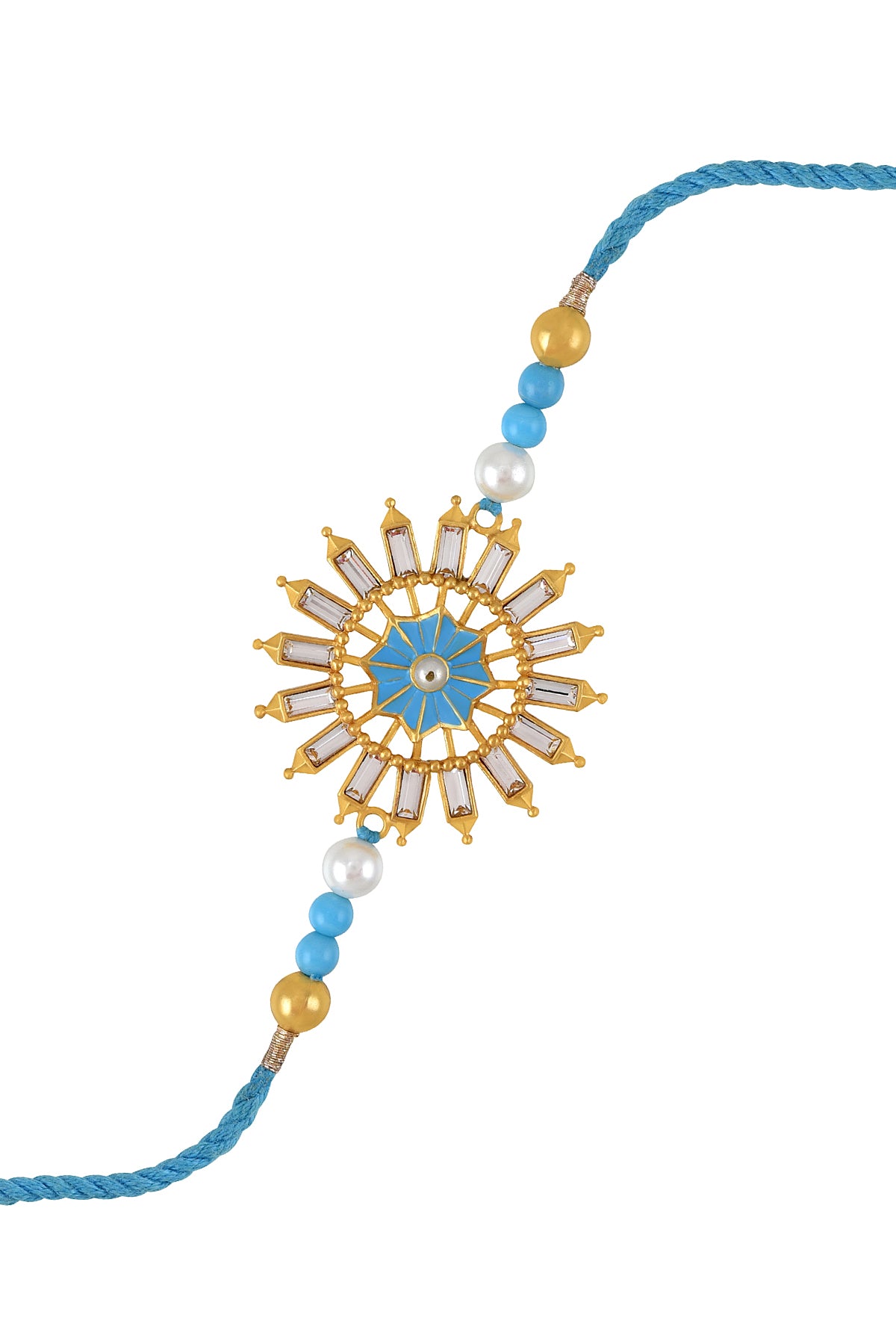 Blue cord bracelet featuring beads, pearls and diamonds