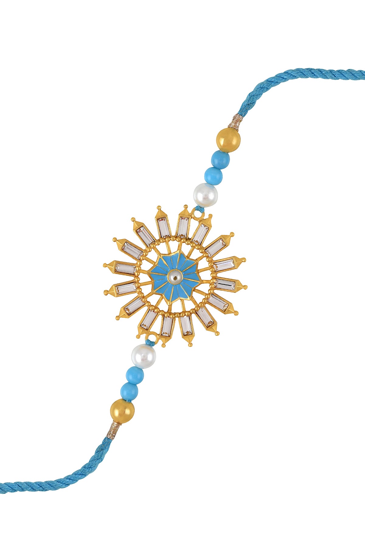 Blue cord bracelet featuring beads, pearls and diamonds