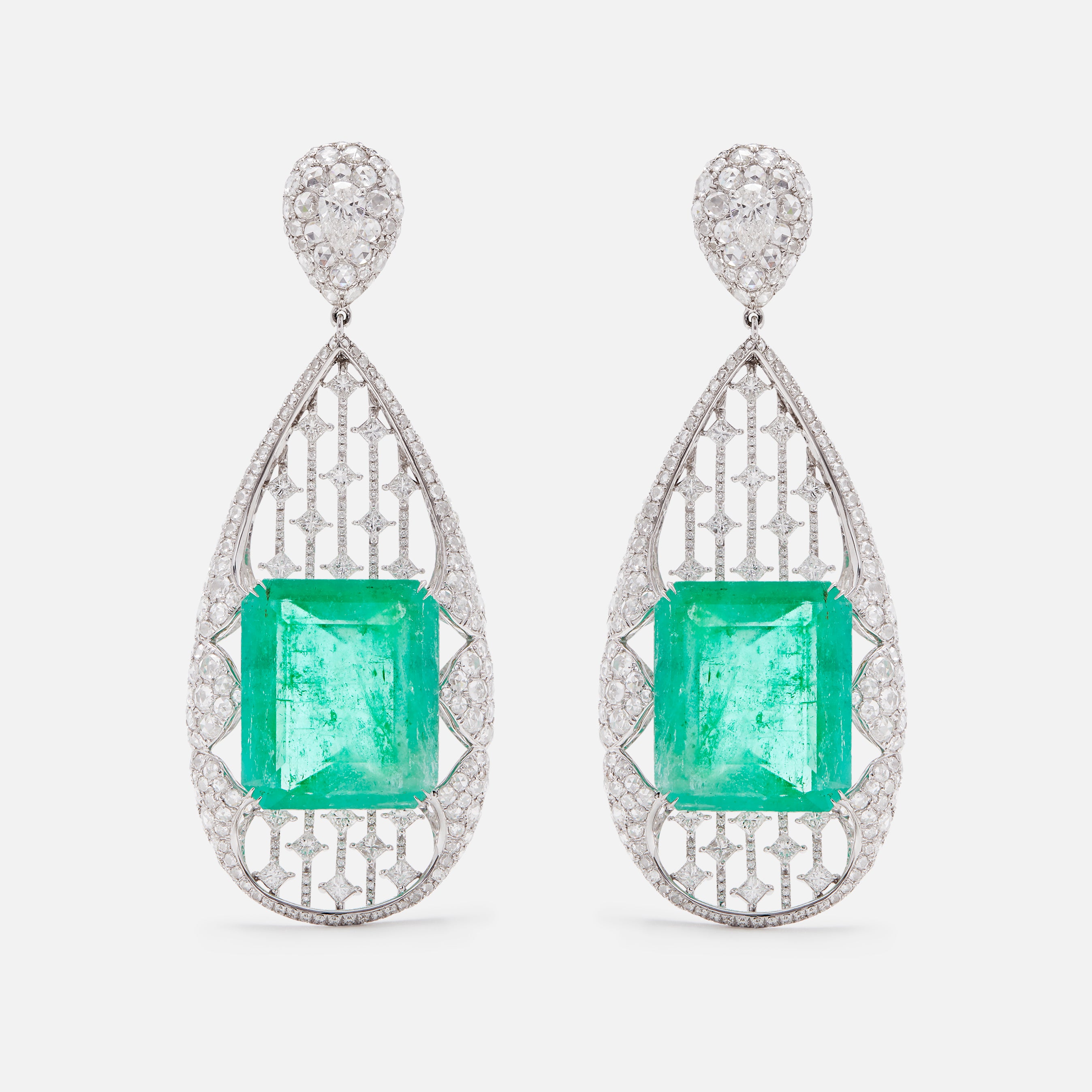 Amrapali London emerald, diamond and white gold drop earrings