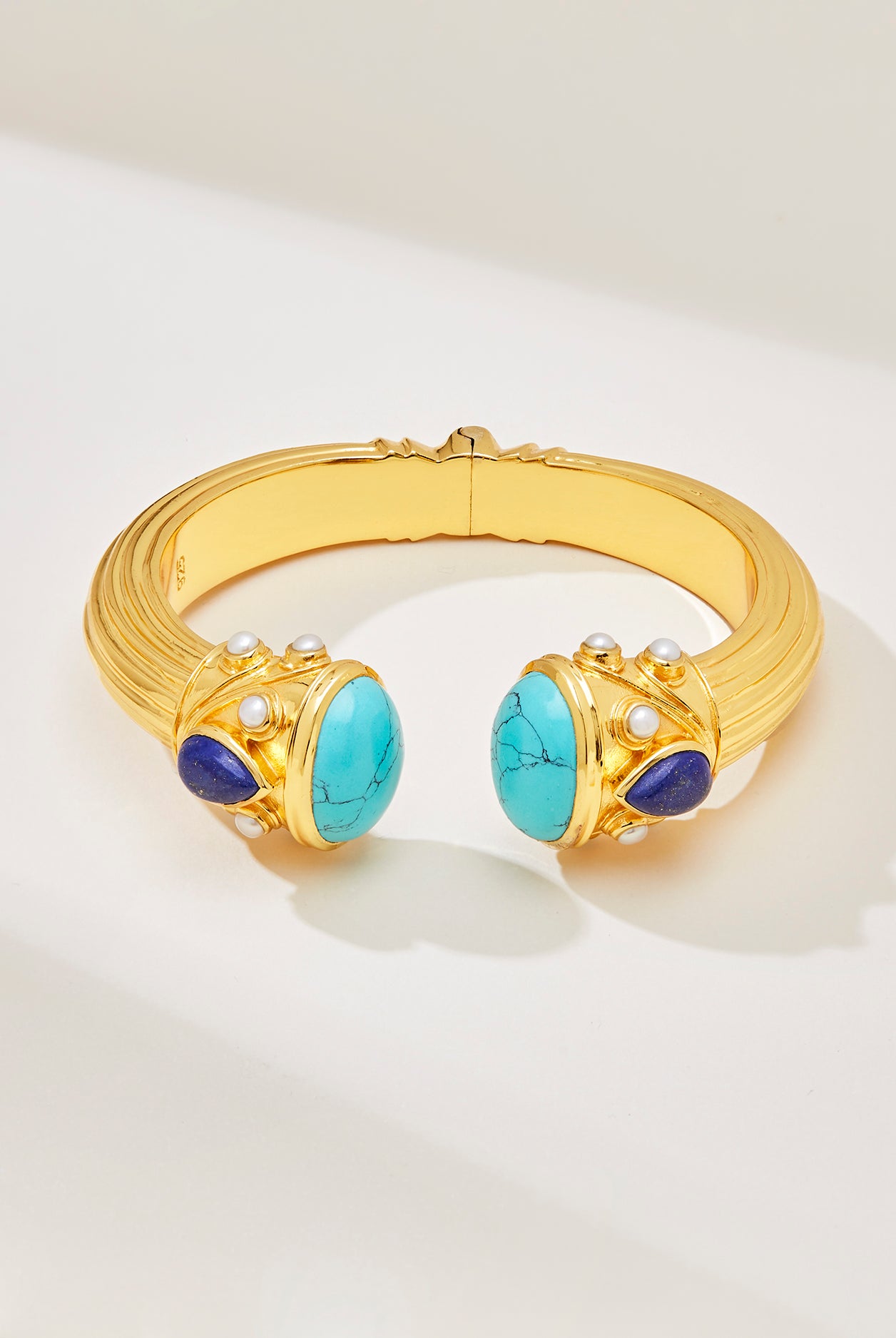 Silver gold plated chunky bangle with turuoise, pearl and lapis