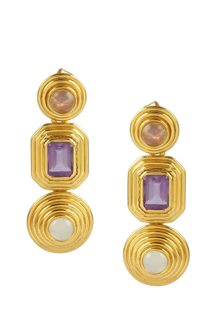 Gold earrings with purple and white stones on a white background
