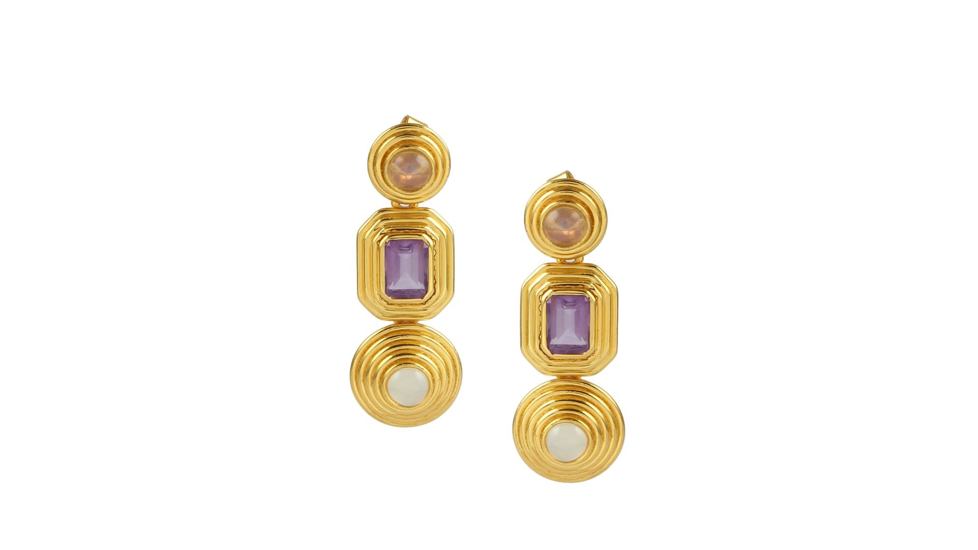 Gold earrings with purple and white stones on a white background