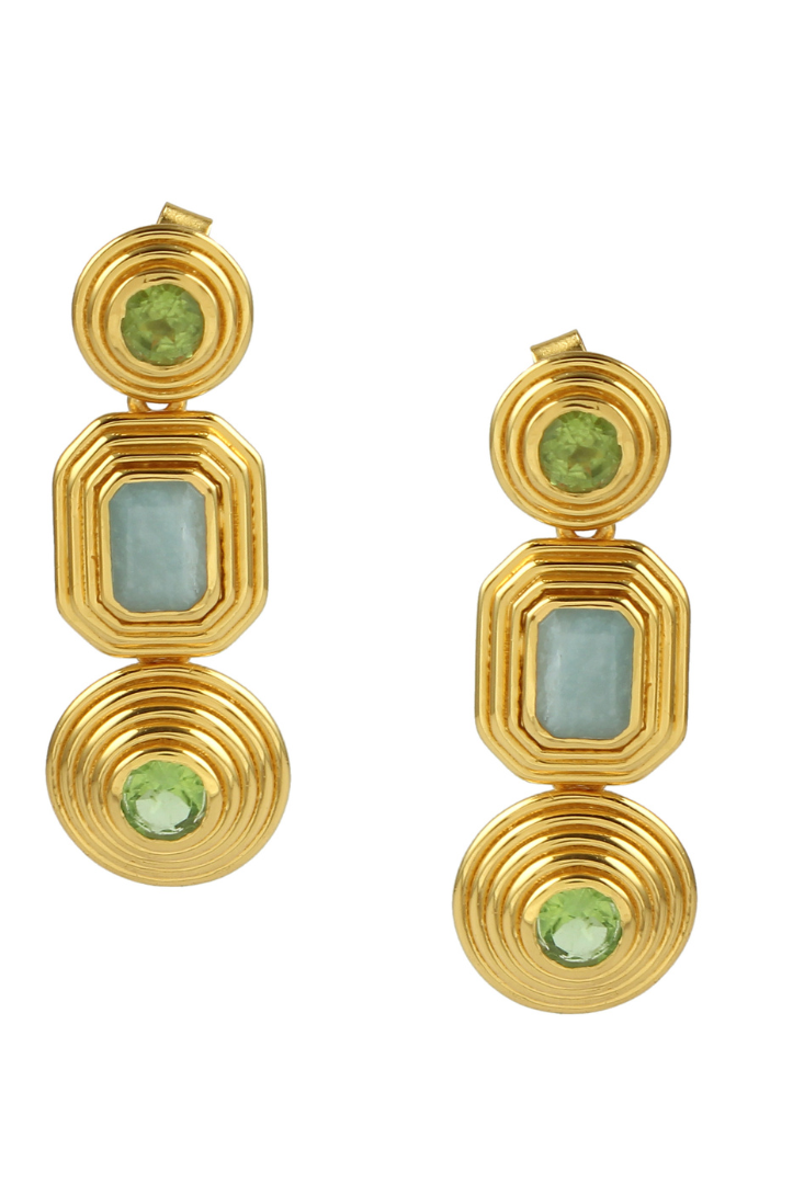 Gold cascade earrings with green and light blue gemstones on a white background