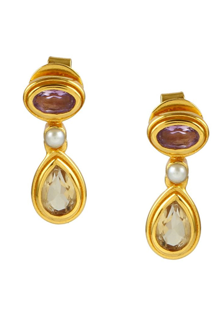 Gold oval and teardrop earrings with pearl, purple and yellow gemstones on a white background