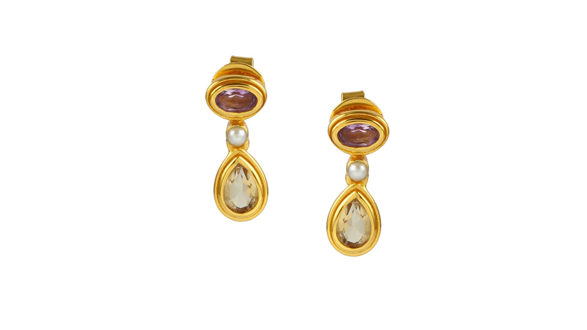 Gold oval and teardrop earrings with pearl, purple and yellow gemstones on a white background