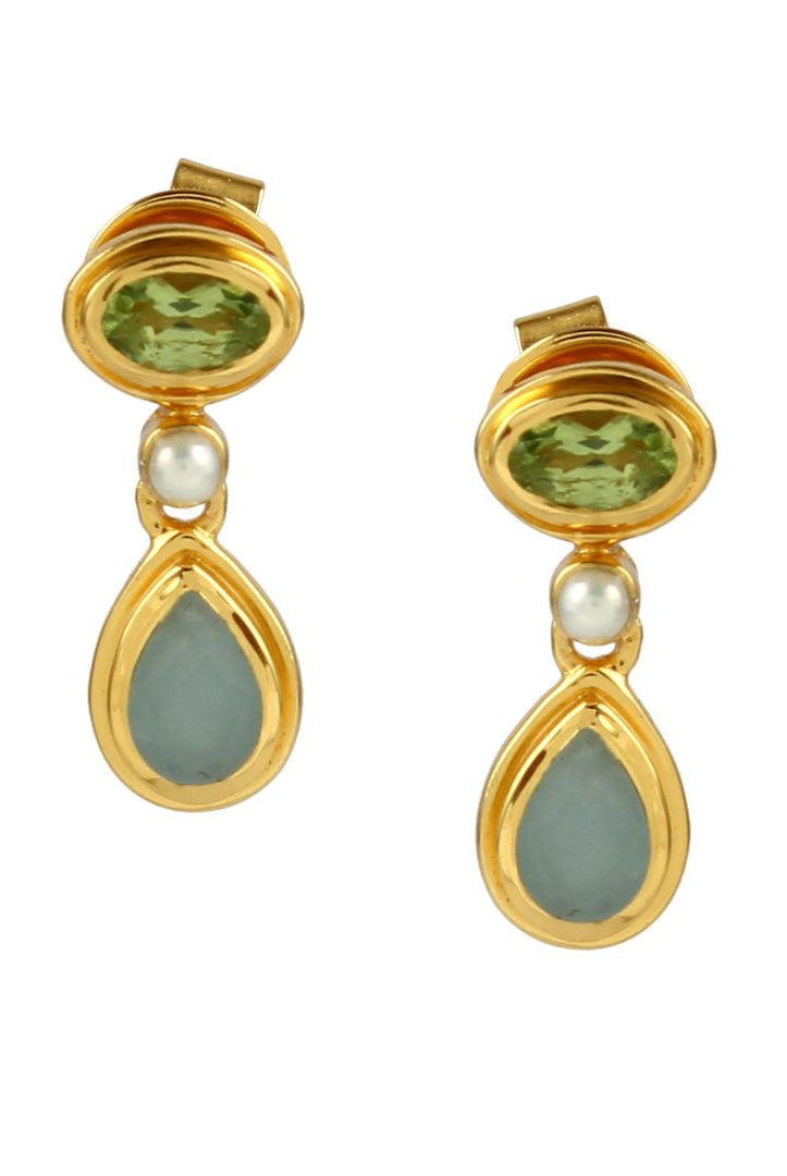 Gold oval and teardrop earrings with pearl, green and light blue gemstones on a white background