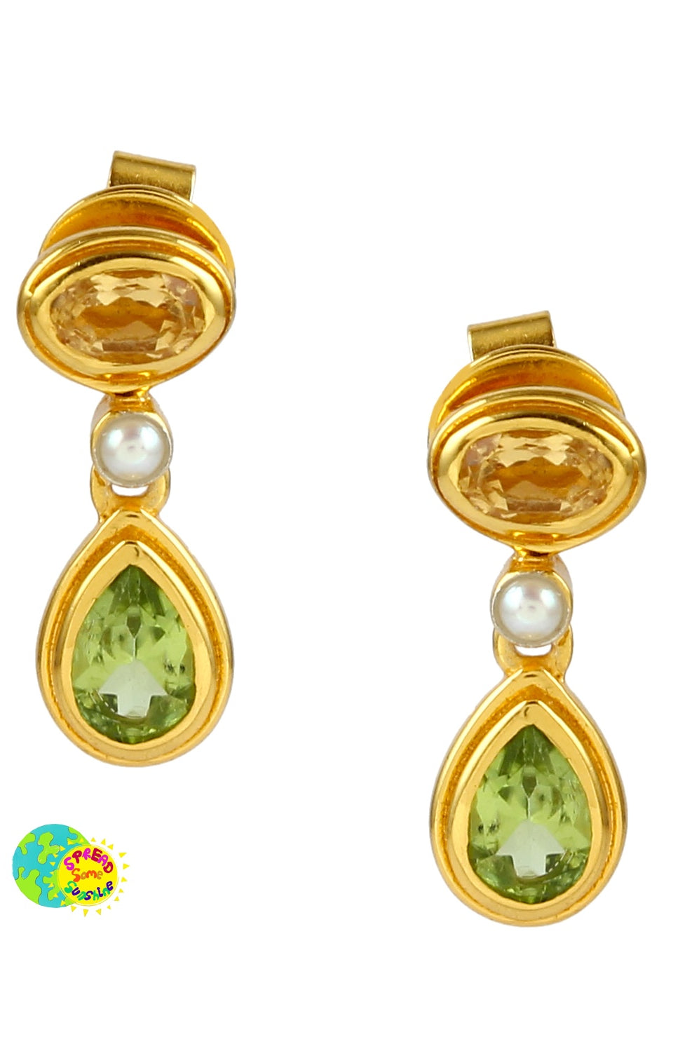 Gold oval and teardrop earrings with pearl, green and yellow gemstones on a white background