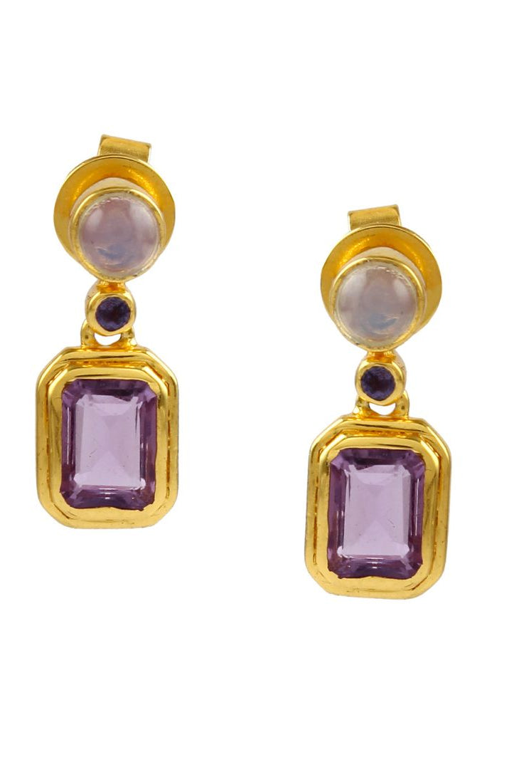 Gold round and rectangular drop earrings with purple and opal gemstones