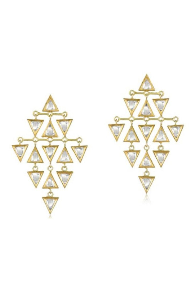 Gold chandelier earrings with multiple triangle diamonds on a white background