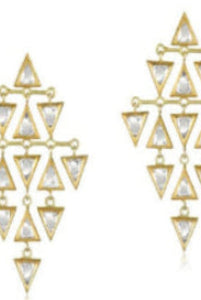 Gold and clear triangle-shaped earrings on a white background