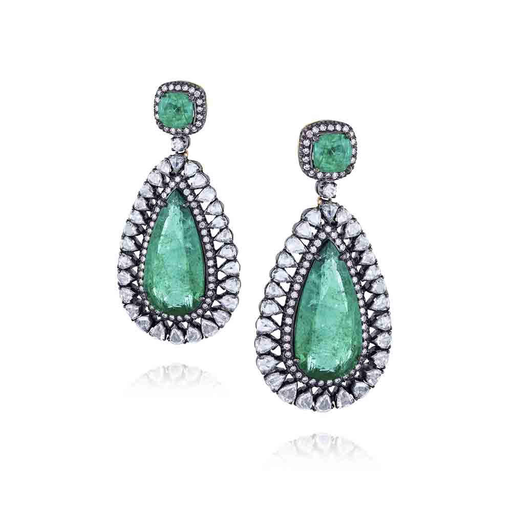 Zambian emerald, solid gold and diamond drop earrings
