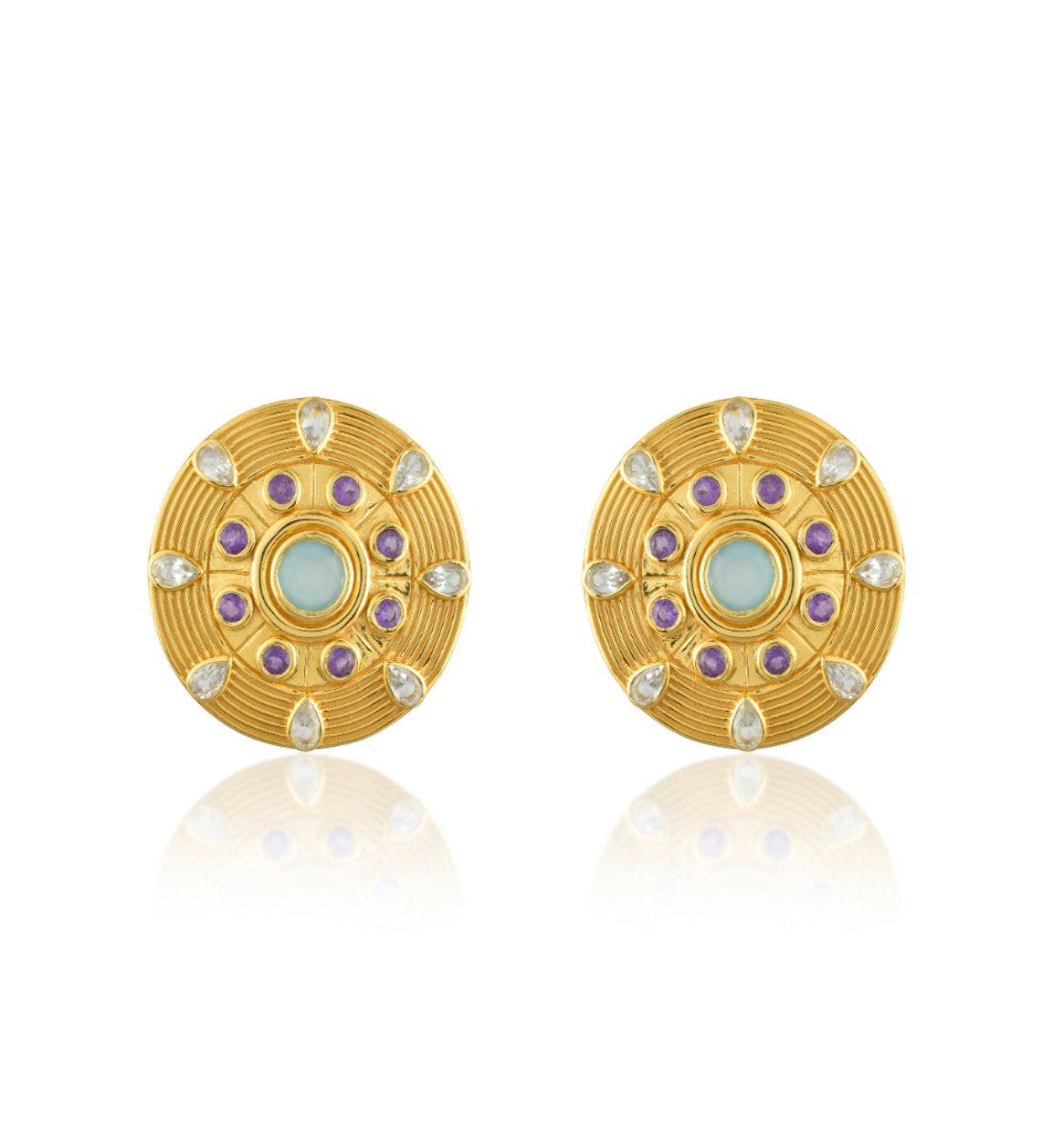 A pair of gold-colored amulet earrings featuring ridged design with amethyst, green amethyst, and aqua accents on a white background.