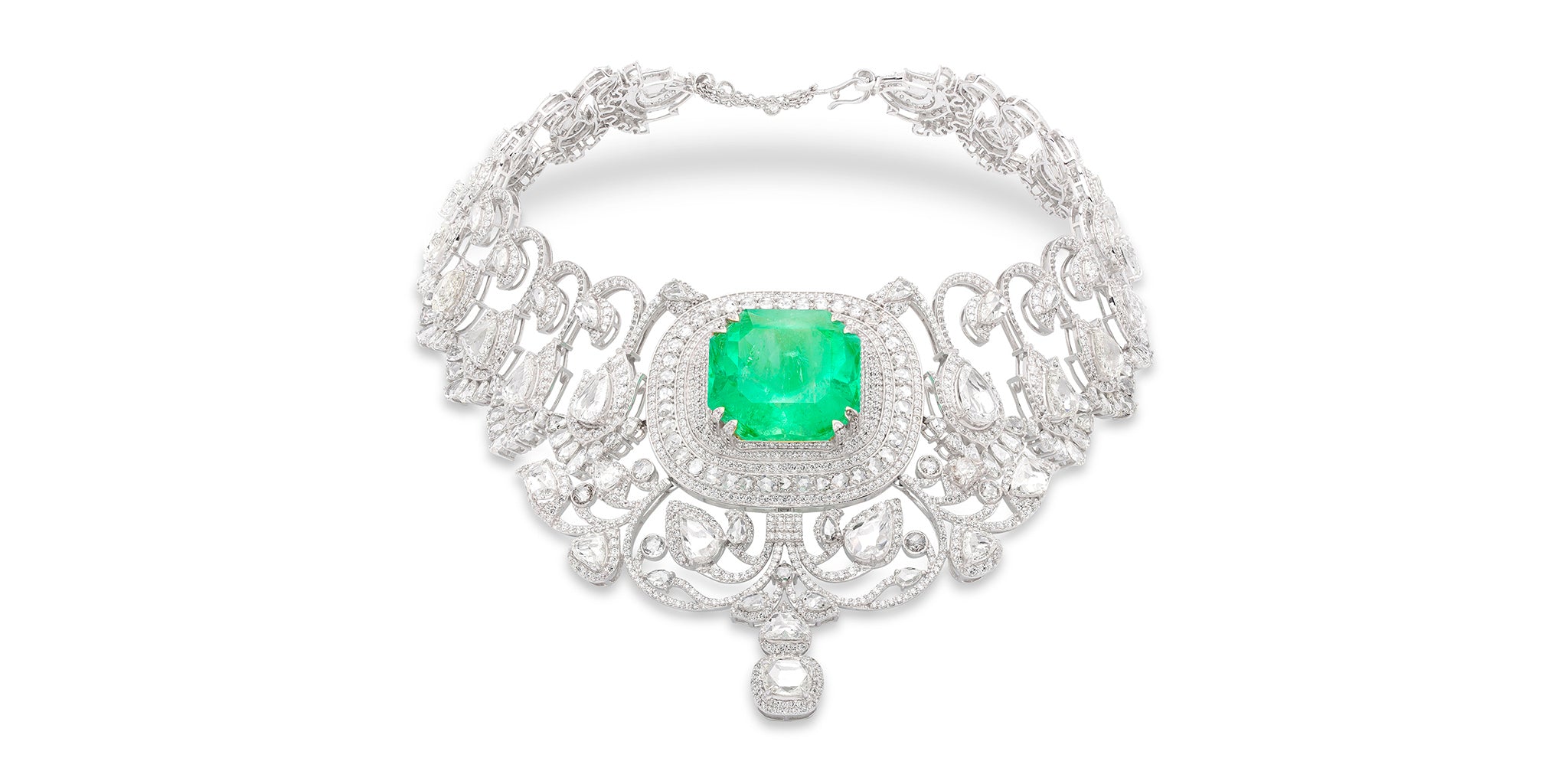 Ornate Indian diamond and emerald necklace