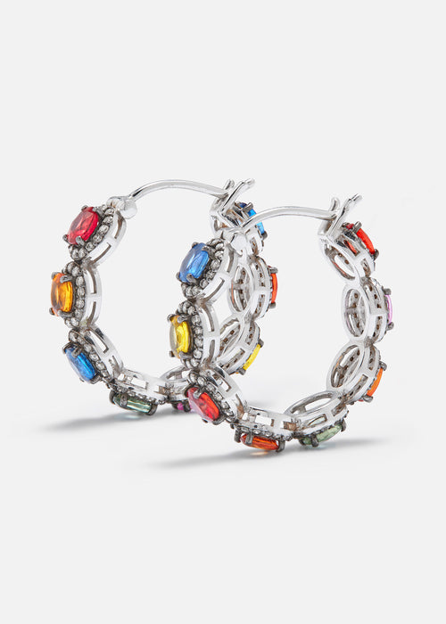 18K White Gold and Black Rhodium Mini Rajasthan Hoop Earrings with Multi Sapphires
