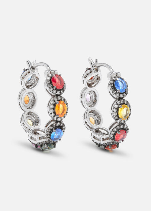18K White Gold and Black Rhodium Mini Rajasthan Hoop Earrings with Multi Sapphires
