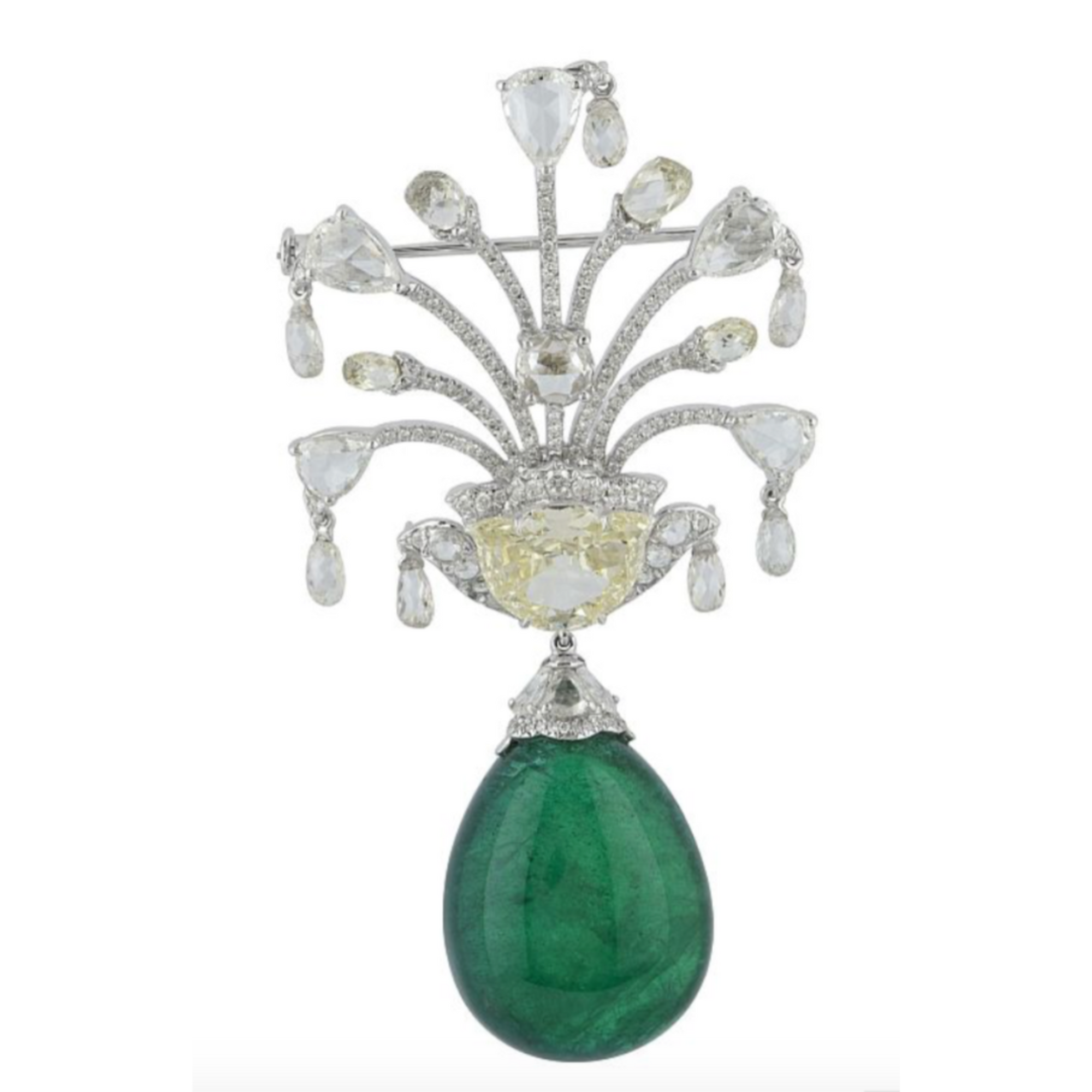 Emperor’s Garden Brooch one-of-a-kind piece with a 50-carat emerald bead drop
