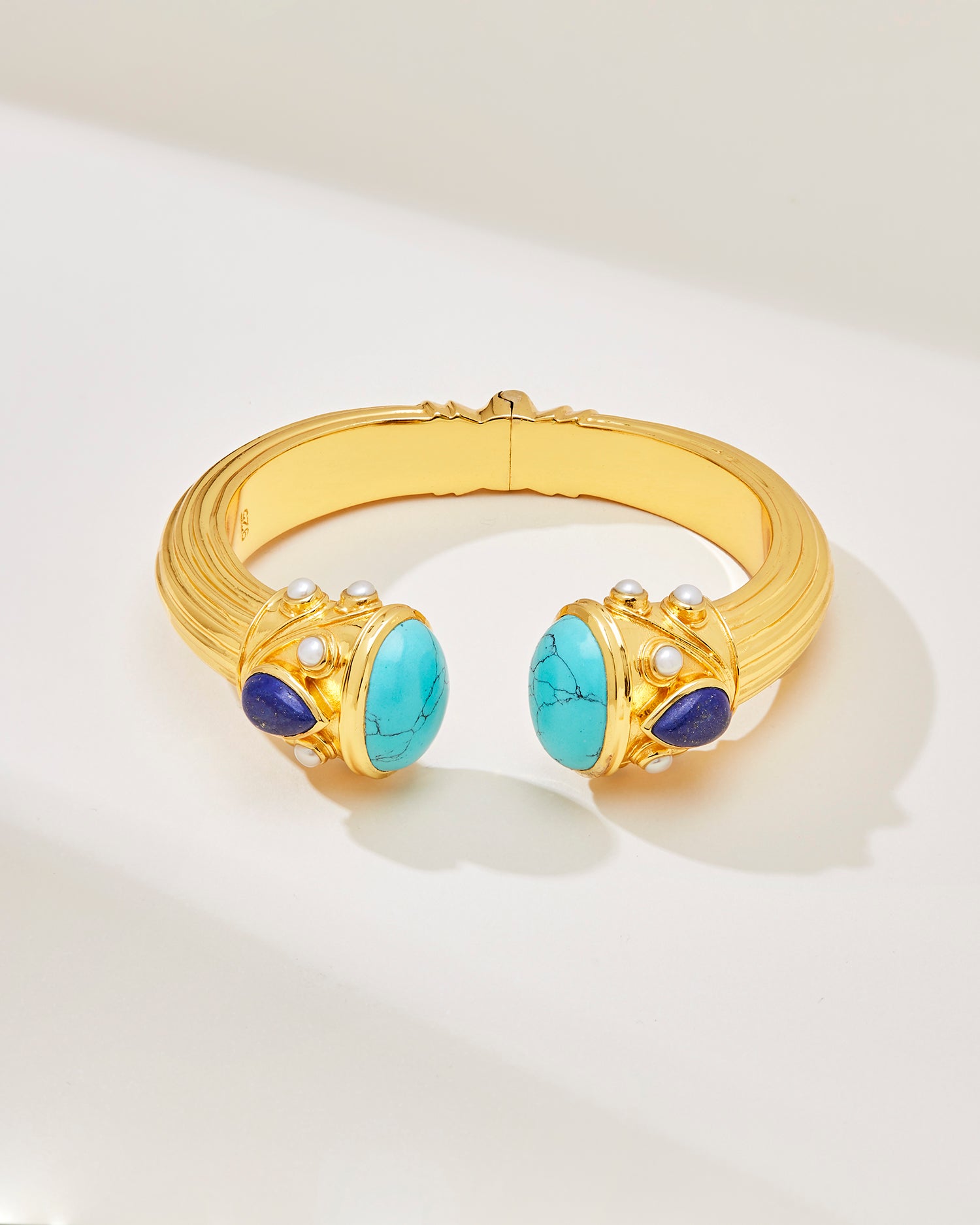 Silver gold plated chunky bangle with turuoise, pearl and lapis