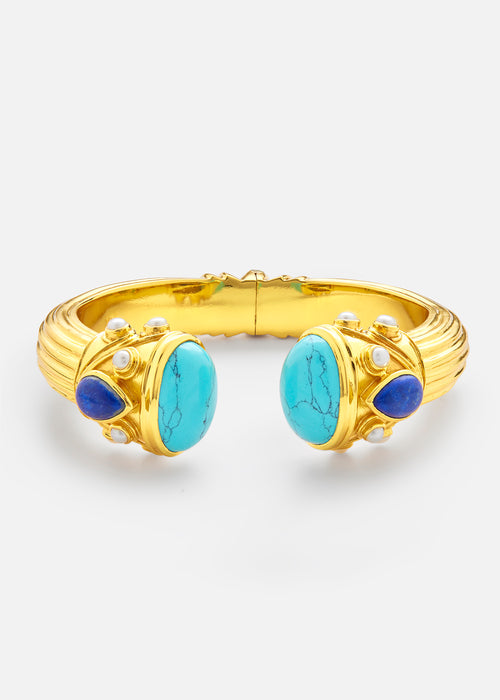 Silver and Gold Plated  Turquoise, Lapis and Pearl Sheida Bangle
