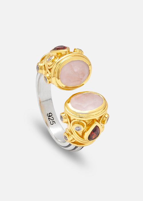 Silver and Gold Plated Rose Quartz, Garnet and Cubic Zirconia Petite Sheida Ring