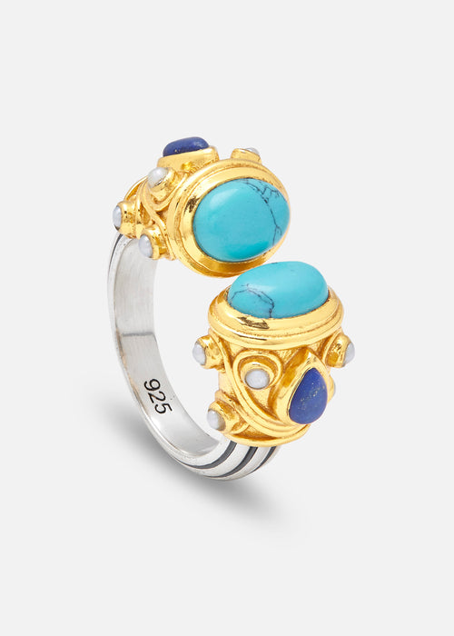 Silver and Gold Plated Turquoise, Lapis and Pearl Petite Sheida Ring