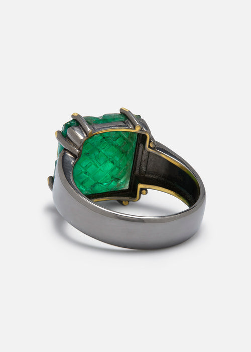 18k Yellow Gold and Black Rhodium Mens Panna Ring with Carved Emerald