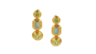 Gold cascade earrings with green and light blue gemstones on a white background