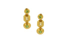 Gold cascade earrings with green and yellow gemstones on a white background