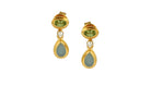 Gold oval and teardrop earrings with pearl, green and light blue gemstones  on a white background