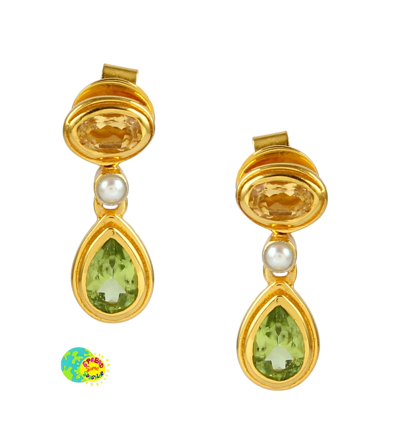 Gold oval and teardrop earrings with pearl, green and yellow gemstones on a white background