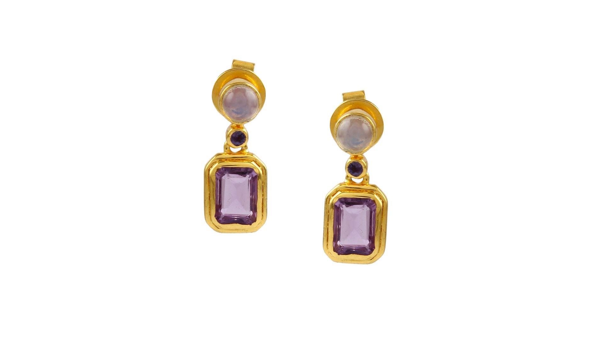 Gold round and rectangular drop earrings with purple and opal gemstones