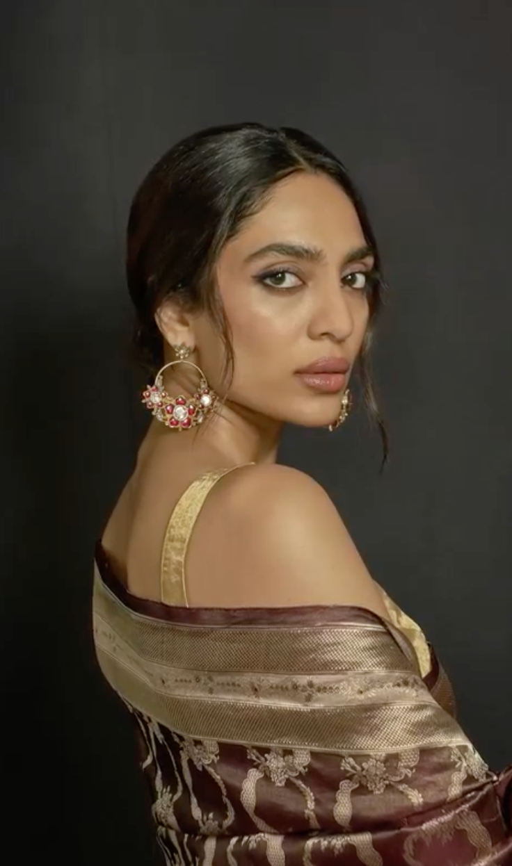 Sobhita Dhulipala, Indian actress and beauty pageant titleholder wearing Amrapali diamond, ruby and gold earrings