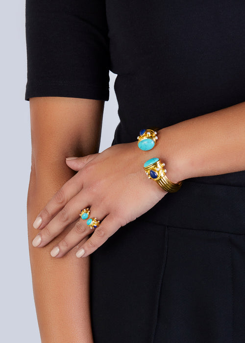 Silver and Gold Plated  Turquoise, Lapis and Pearl Sheida Bangle