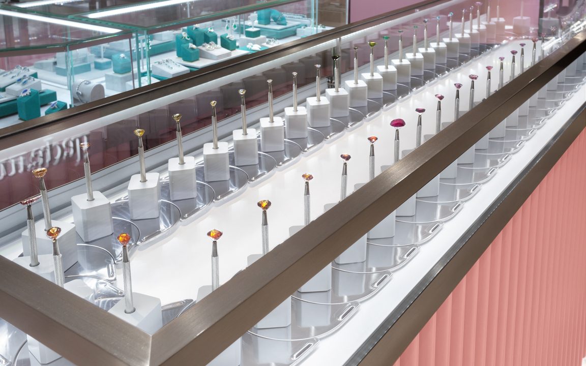 Amrapali's Gem Bar at London's Harrods displaying coloured loose precious stones for purchase