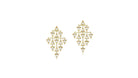 Gold chandelier earrings with multiple triangle diamonds on a white background