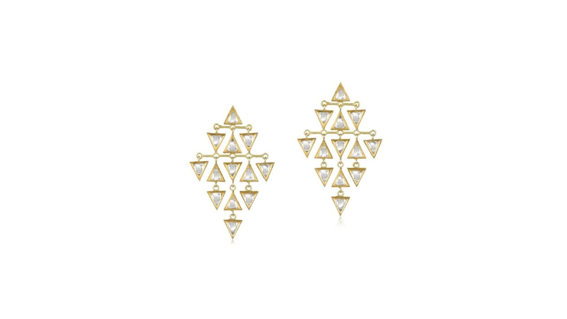 Gold chandelier earrings with multiple triangle diamonds on a white background