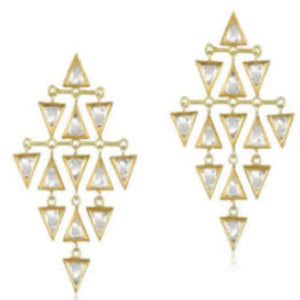 Gold and clear triangle-shaped earrings on a white background